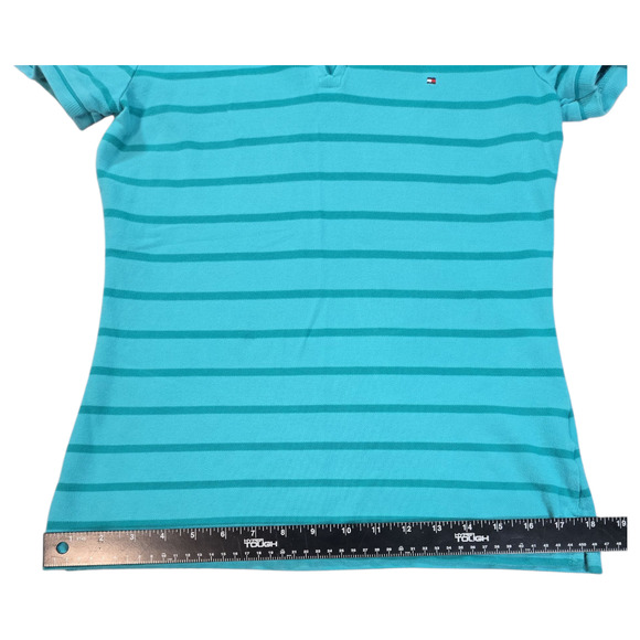 Tommy Hilfiger Women Medium Blue Striped Short Sleeve Polo Top Y2K 2000s Preppy - Picture 3 of 9